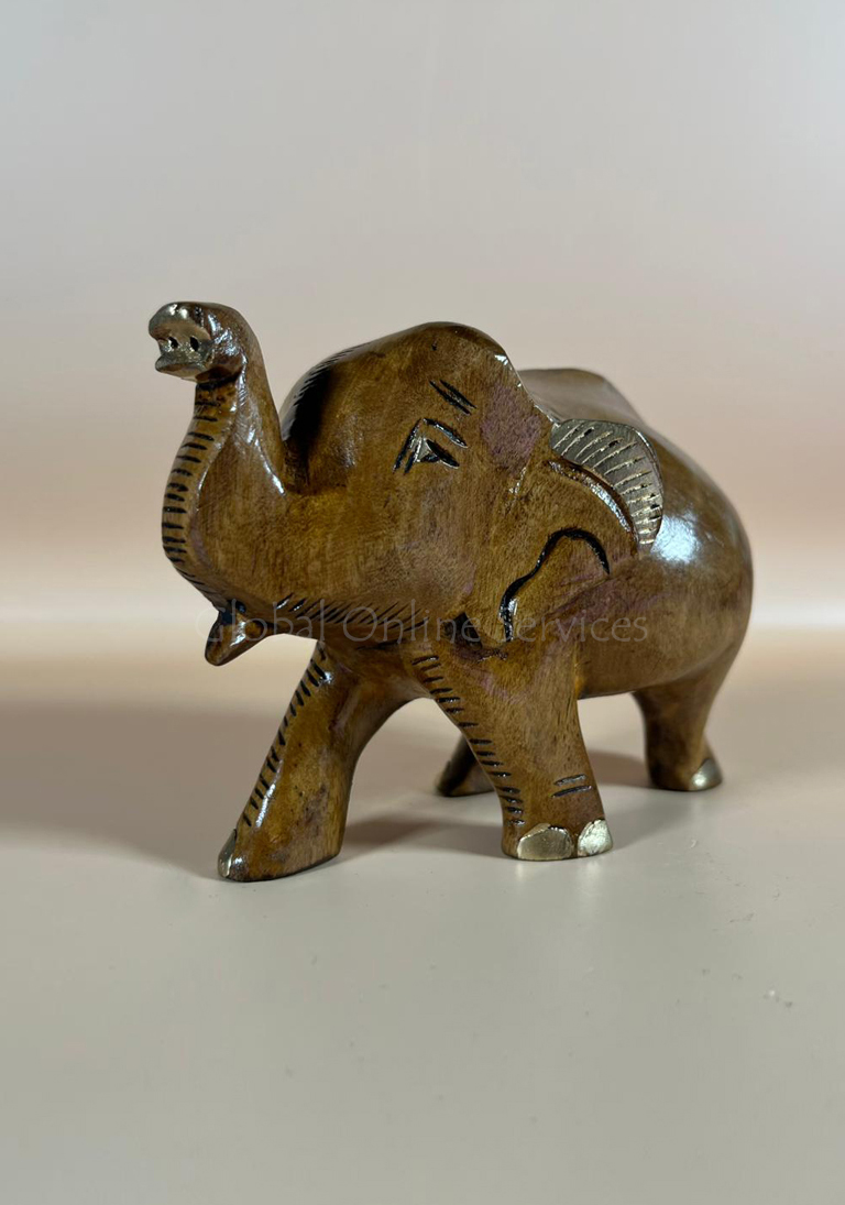 Hand-Carved Light Wooden Elephant with Upward Trunk and Jali Craftwork