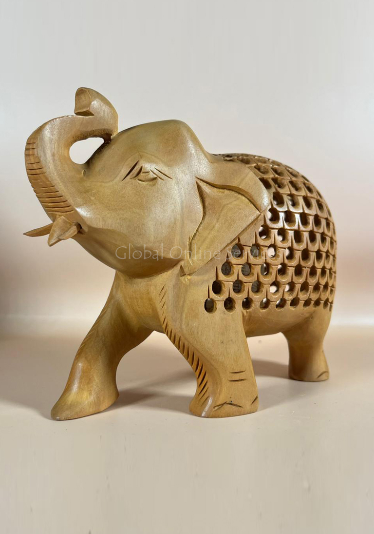 Hand-Carved Polished Wooden Elephant with Etched Detailing