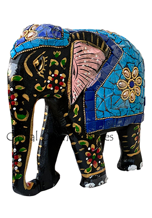 Hand Painted Mosaic Elephant with Multicolor Stone Inlay with Blue Saddle Motif