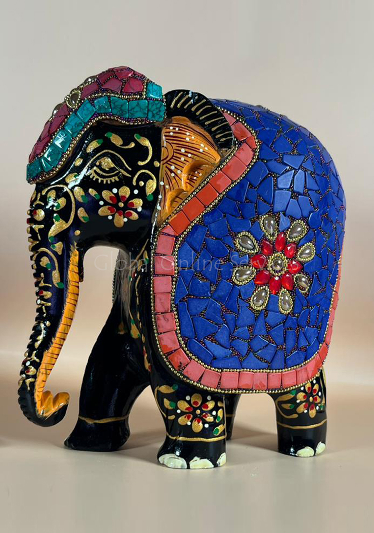 Hand Painted Mosaic Elephant with Multicolor Stone Inlay with Imperial Blue Saddle Motif