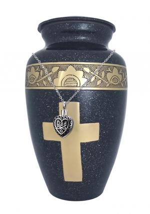 Engraved Golden Cross Black  Large Adult Funeral Urn For Human Ashes+ Free jewellery Urn