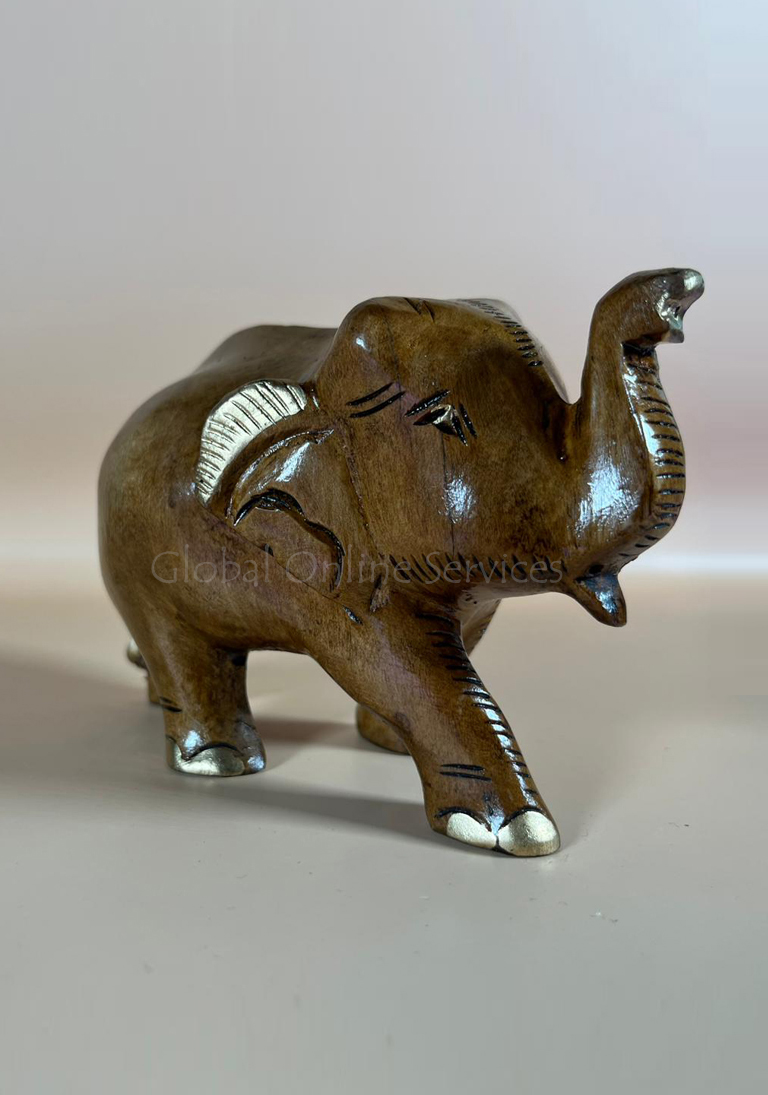 Hand-Carved Light Wooden Elephant with Upward Trunk and Jali Craftwork