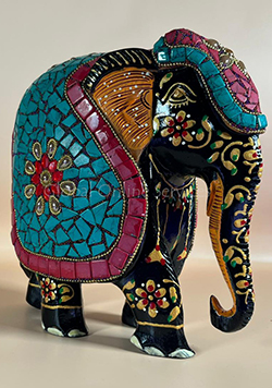 Hand Painted Mosaic Elephant with Multicolor Stone Inlay with Sky Blue Saddle Motif