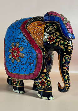 Hand Painted Mosaic Elephant with Multicolor Stone Inlay with Blue Saddle Motif