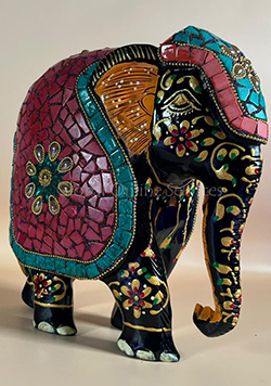 Hand Painted Mosaic Elephant with Multicolor Stone Inlay with Red Saddle Motif