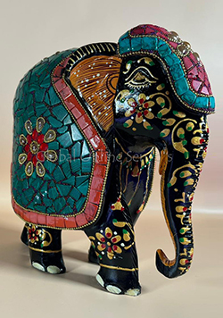 Hand Painted Mosaic Elephant with Multicolor Stone Inlay with Green Saddle Motif
