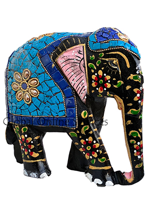 Hand Painted Mosaic Elephant with Multicolor Stone Inlay with Blue Saddle Motif