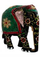 Hand Painted Mosaic Elephant with Multicolor Stone Inlay with Green Saddle Motif