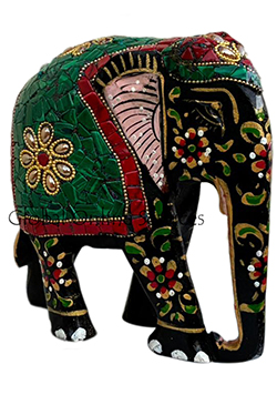 Hand Painted Mosaic Elephant with Multicolor Stone Inlay with Green Saddle Motif