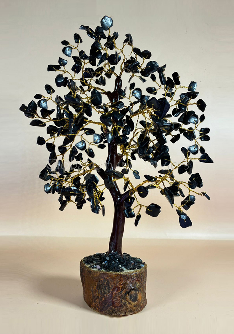 Handcrafted Rose Quartz Black Chakra Tree with Golden Wire Branches