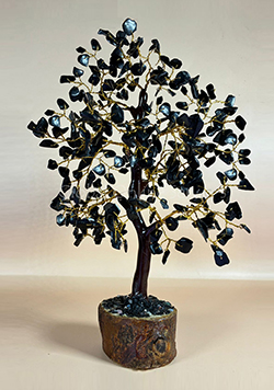 Handcrafted Rose Quartz Black Chakra Tree with Golden Wire Branches