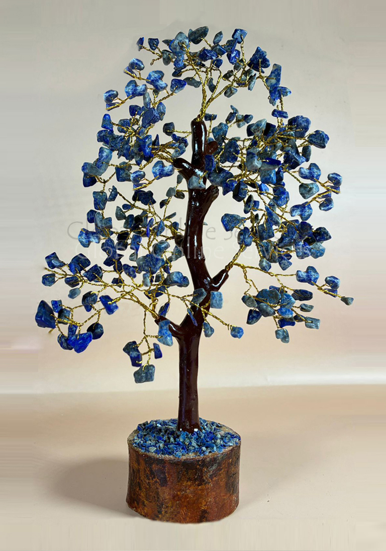 Handcrafted Rose Quartz Blue Chakra Tree with Golden Wire Branches