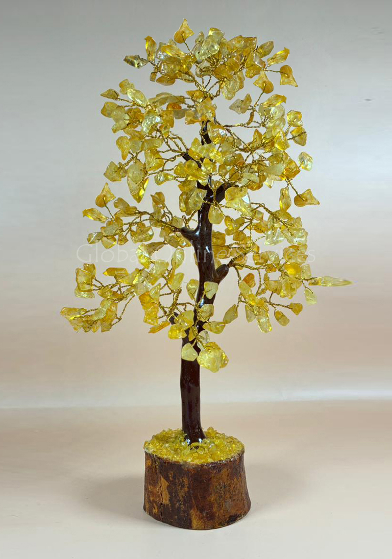 Handcrafted Rose Quartz Yellow Chakra Tree with Golden Wire Branches