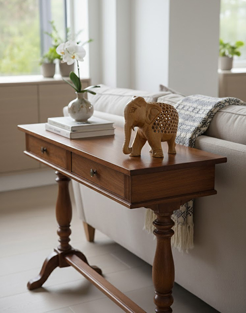 Hand-Carved Natural Light Wood Elephant with Intricate Jali Work