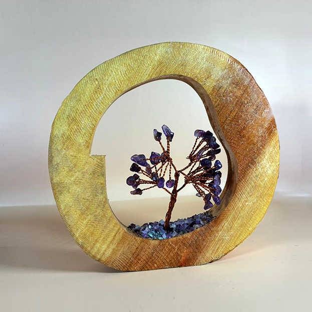 Handcrafted Wooden Frame Chakra Gemstone Tree with Purple Stone Chips